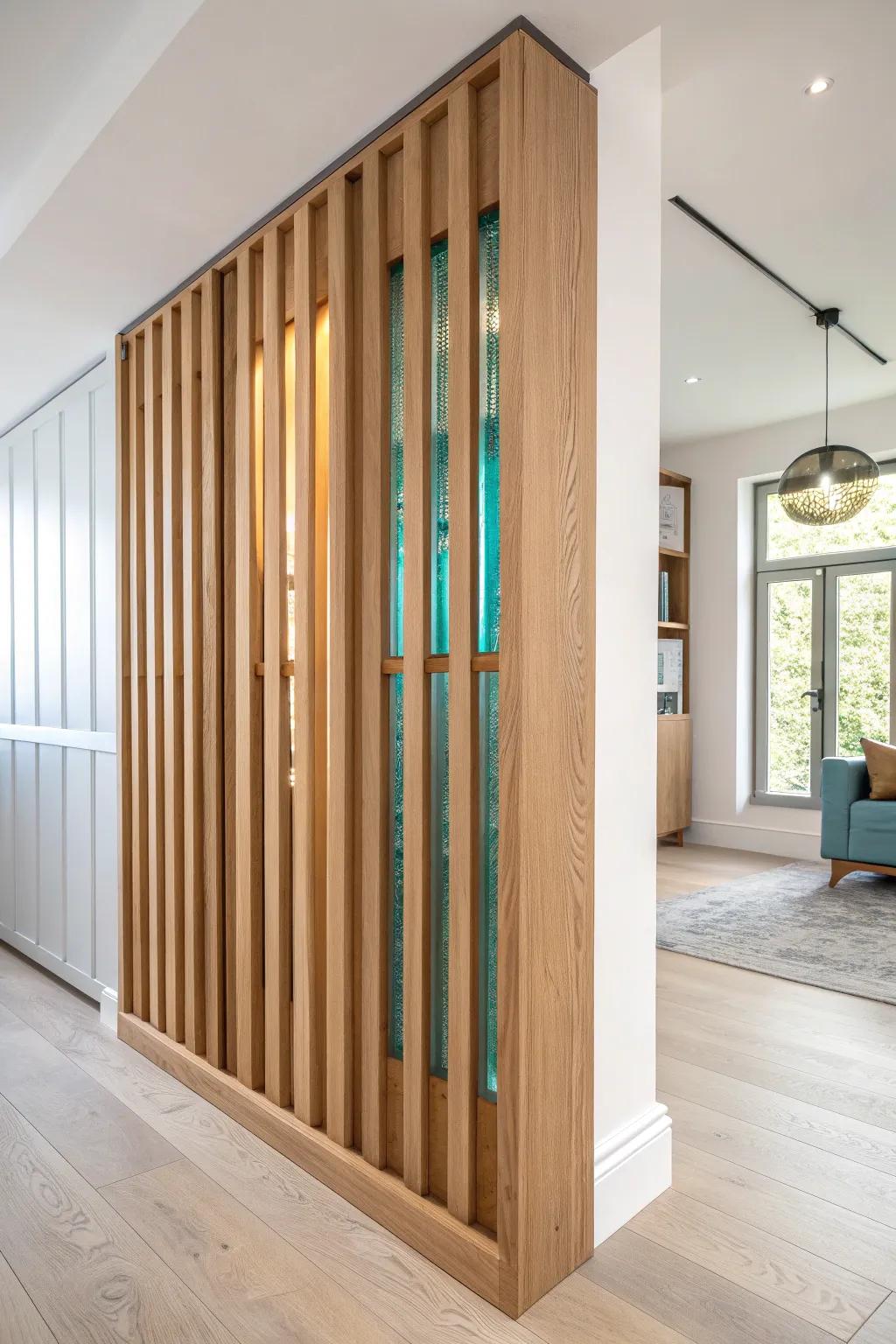 Floor-to-ceiling oak slats with glowing resin inlays—minimal, modern farmhouse, and stunning.