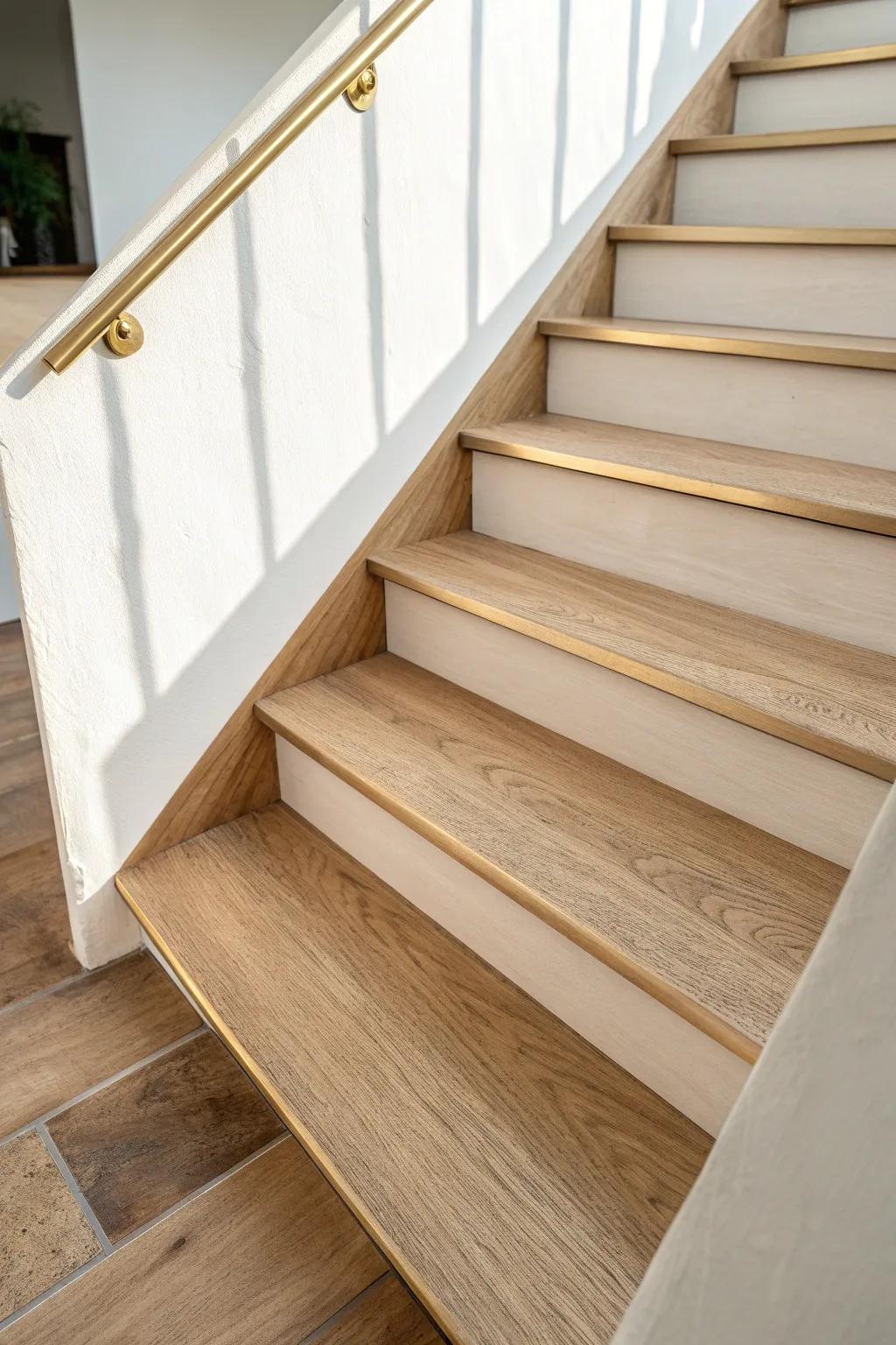 Slim brushed brass nosing adds a crisp, durable edge to softwood treads and landings.