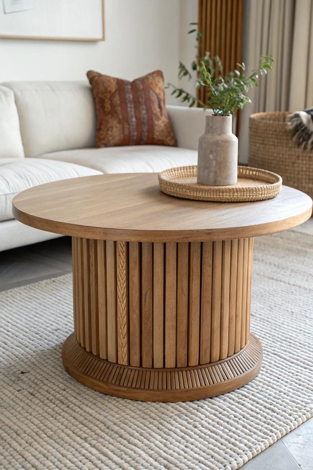 Fluted oak meets woven leather straps—minimal, high-end texture with bold modern contrast.