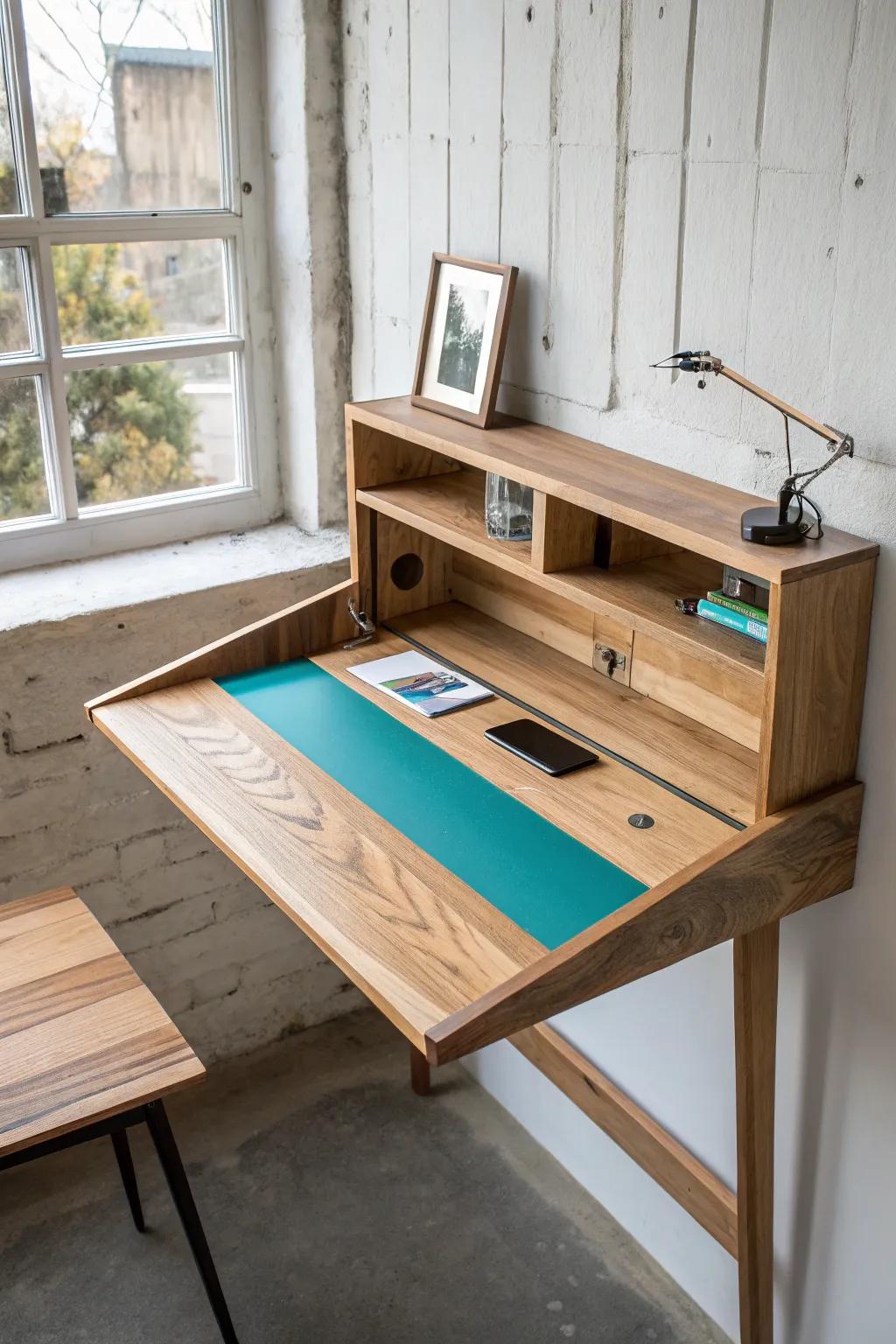 Fold-down wall desk with a bold teal resin inlay—compact, custom, and beautifully crafted.