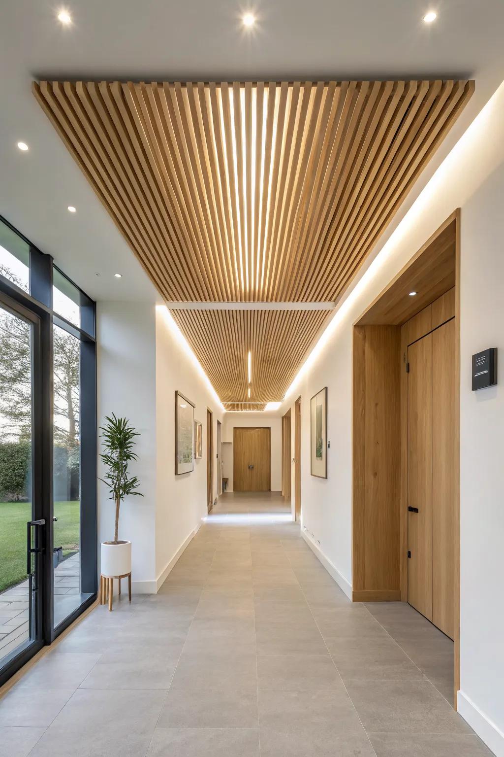 Sculptural floating oak canopy ceiling that glows with hidden light—instant foyer wow factor.