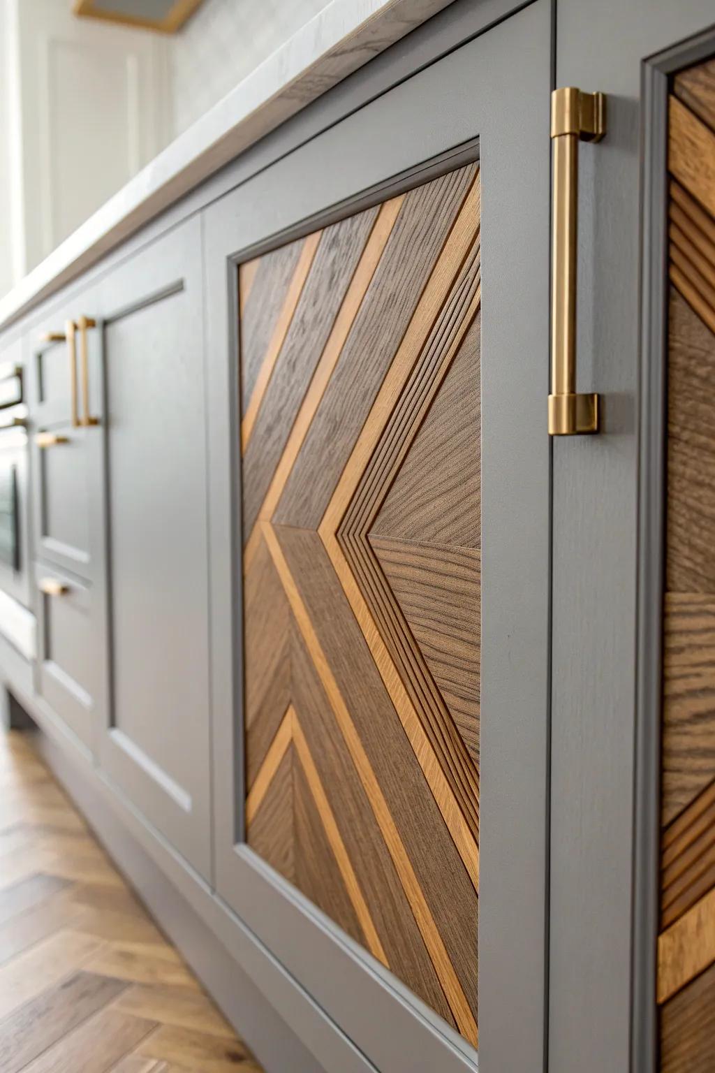 Matte gray cabinet door with reclaimed wood inlays—small detail, huge wow factor.