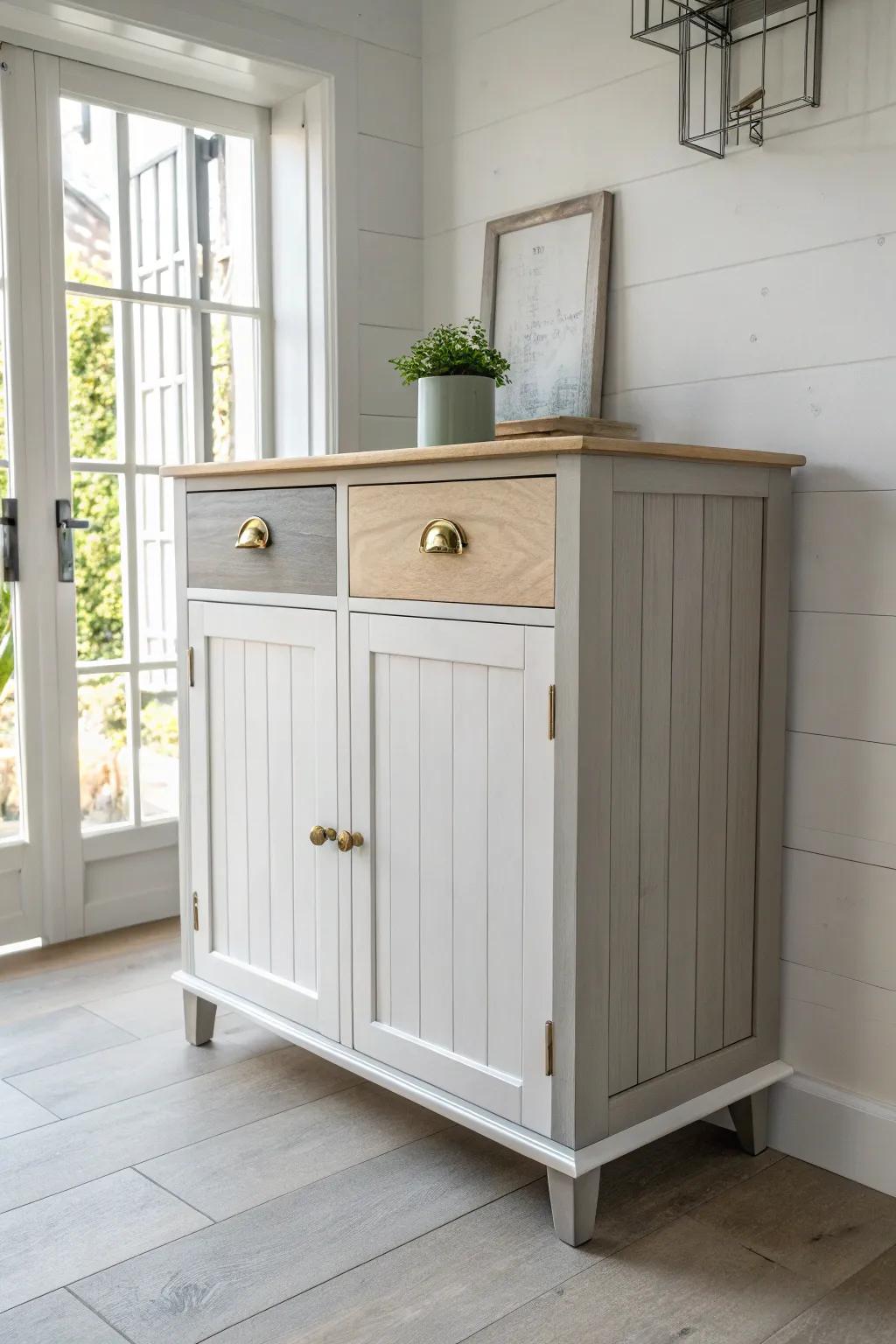 Upcycled gray-and-white patchwork doors—one cabinet, one hardware style, totally cohesive.
