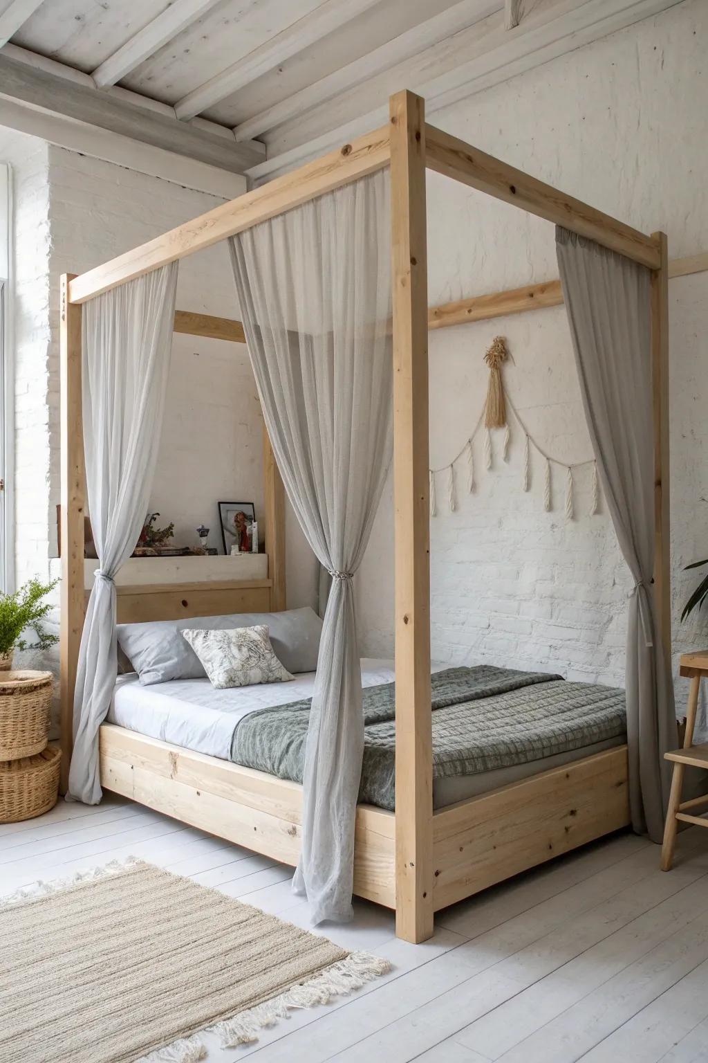 Raw wood canopy frame + dreamy grey drapes—minimal, cozy, and beautifully handcrafted.