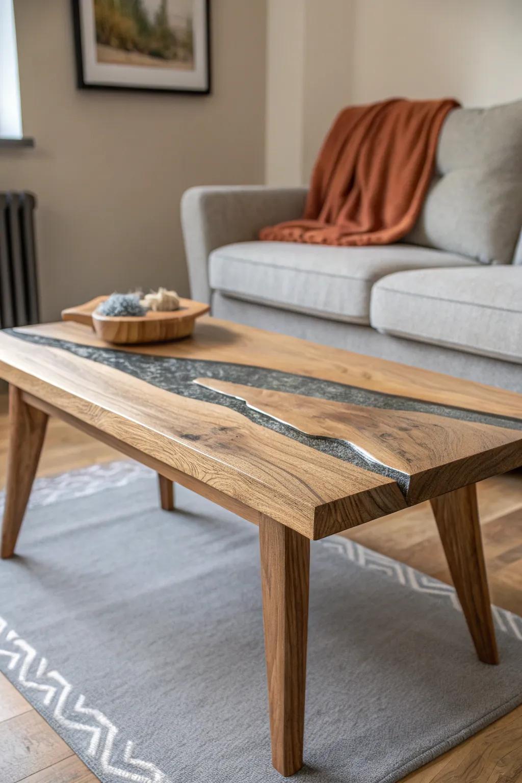 Smoky grey resin meets warm oak—this handcrafted table ties wood and grey living rooms together.