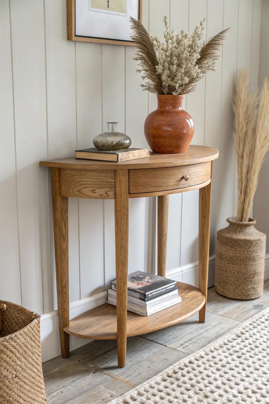 A half moon table with a hidden charging station—cords vanish behind decor, style stays serene.