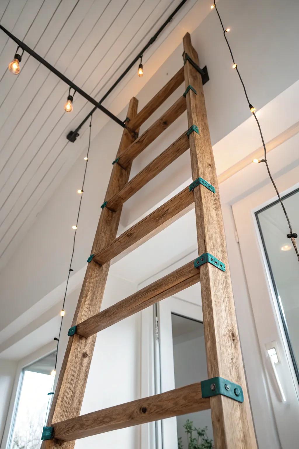 A hanging wood ladder with glossy resin drips and hidden lights—rustic grain meets modern glow.
