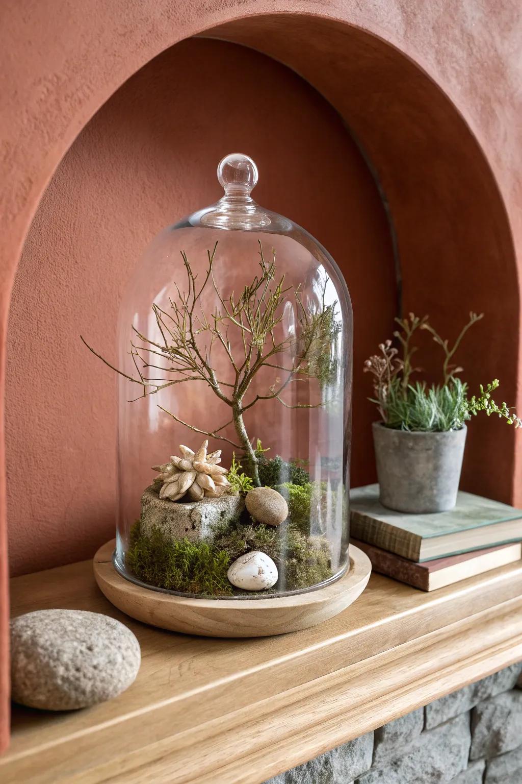 A tiny forest under glass—an unexpected high-shelf statement for minimalist boho homes.