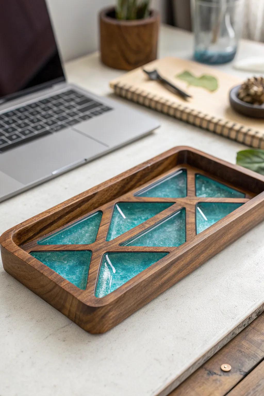 Walnut catchall with glossy teal resin inlay—minimal, handcrafted desk art for your home office.