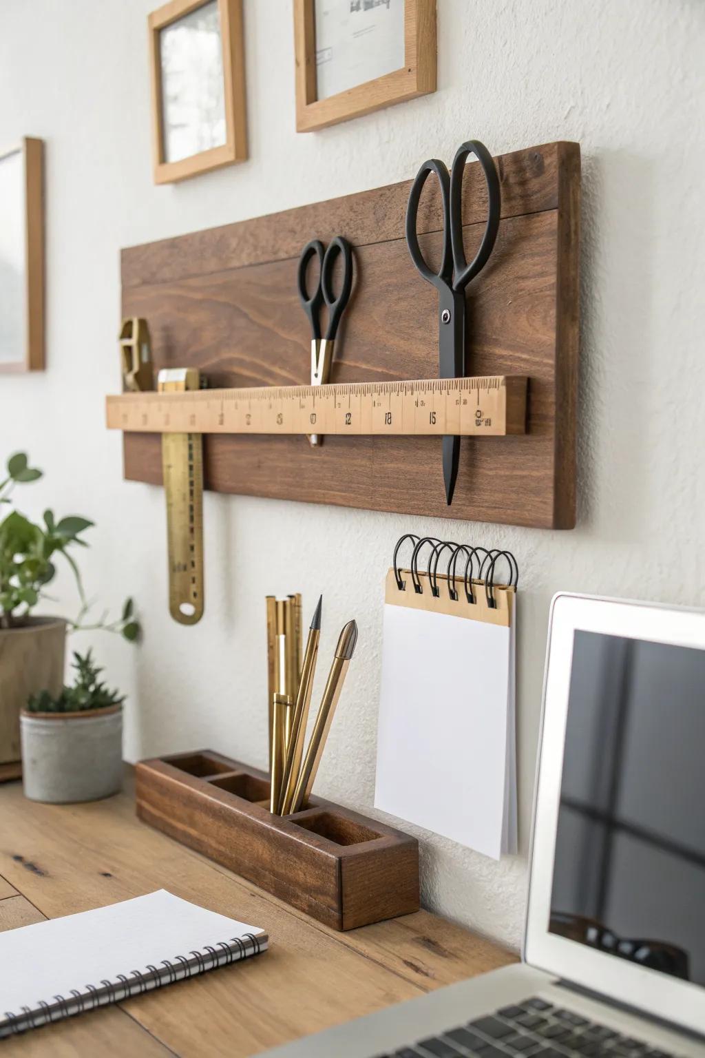 A walnut magnetic strip keeps office essentials visible, tidy, and beautifully within reach.