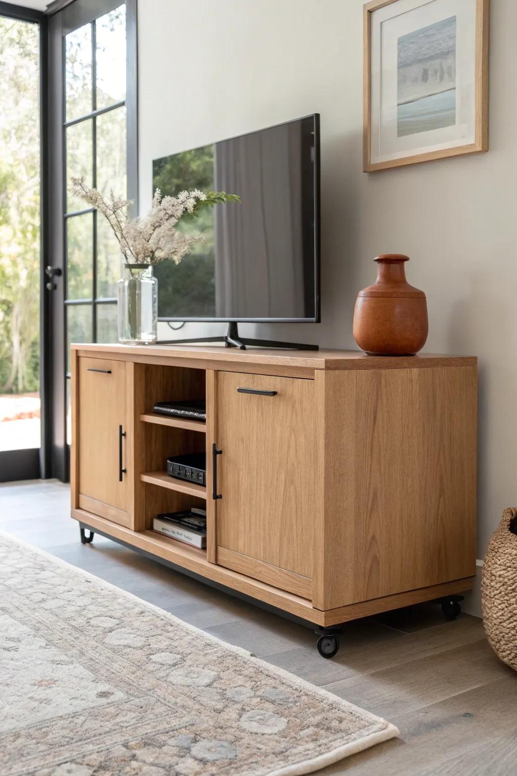 Light oak home theater console on hidden locking casters—flexible seating, clean Scandinavian style.