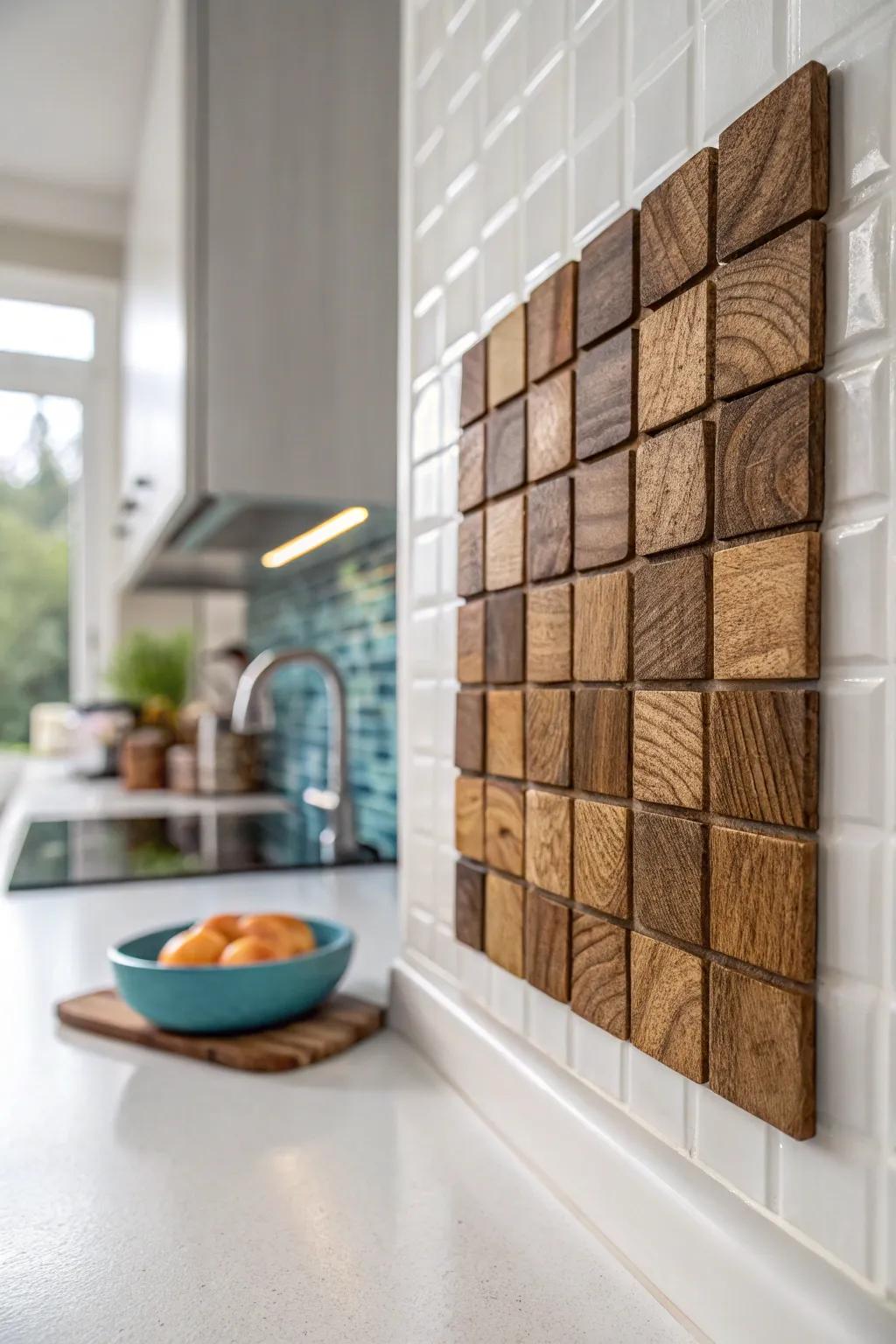 End-grain wood mosaic backsplash: a small coffee-corner accent that feels like functional art.