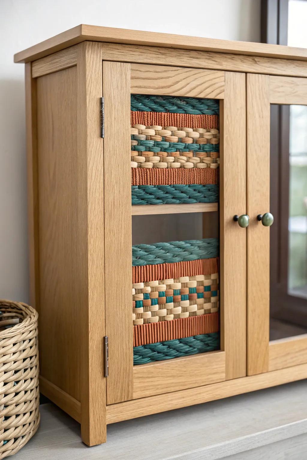 Hide clutter in style: a hand-woven textile panel behind glass adds bold, cozy texture.