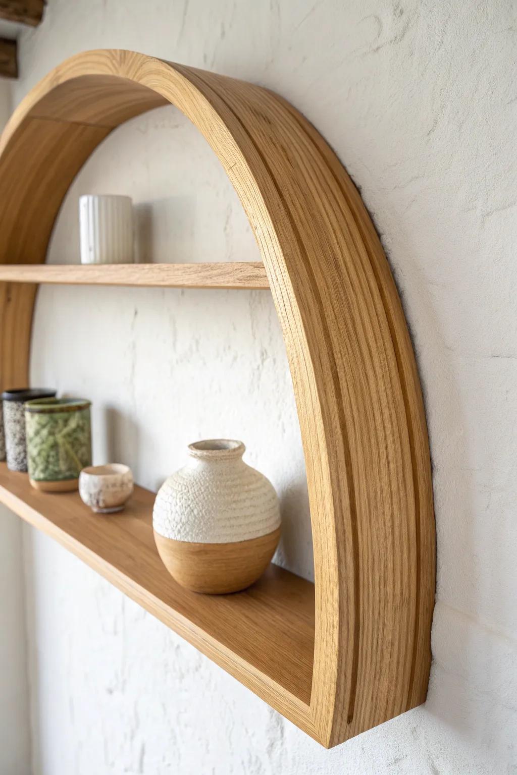 Curved bent-wood shelving: soft lines, clean oak grain, and minimalist styling that stands out.