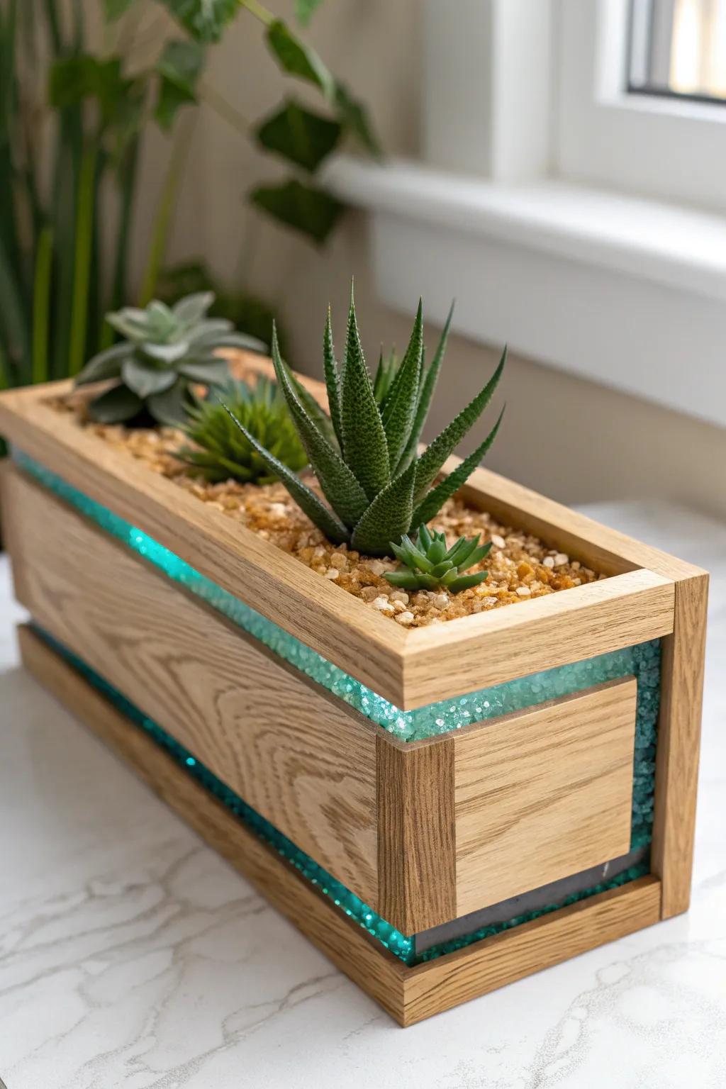 A resin-inlay glow edge turns this minimalist oak planter box into a bold indoor showpiece.