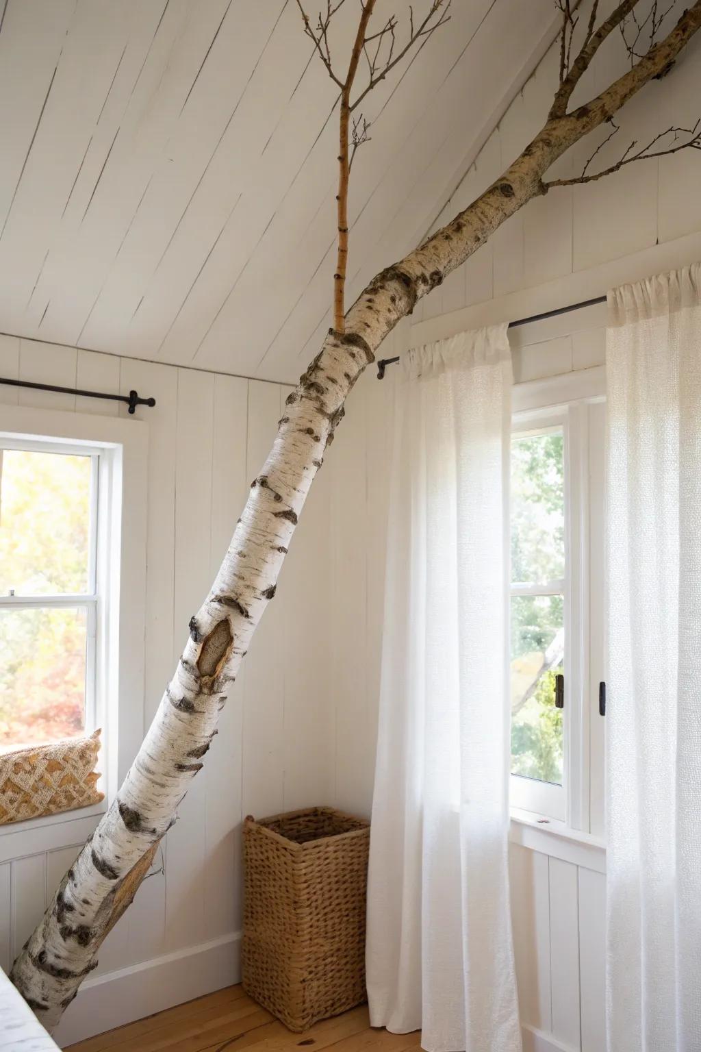A birch-branch canopy climbing the corner and ceiling—minimal, bold, and beautifully natural.