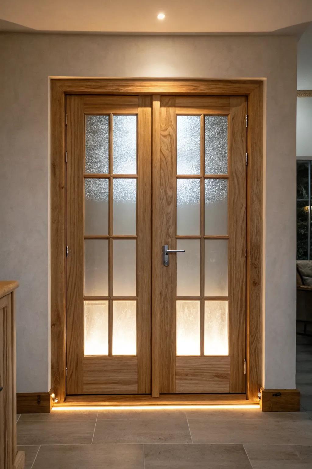 Frosted-glass French doors with hidden backlighting—soft, dreamy glow and bold contrast at night.