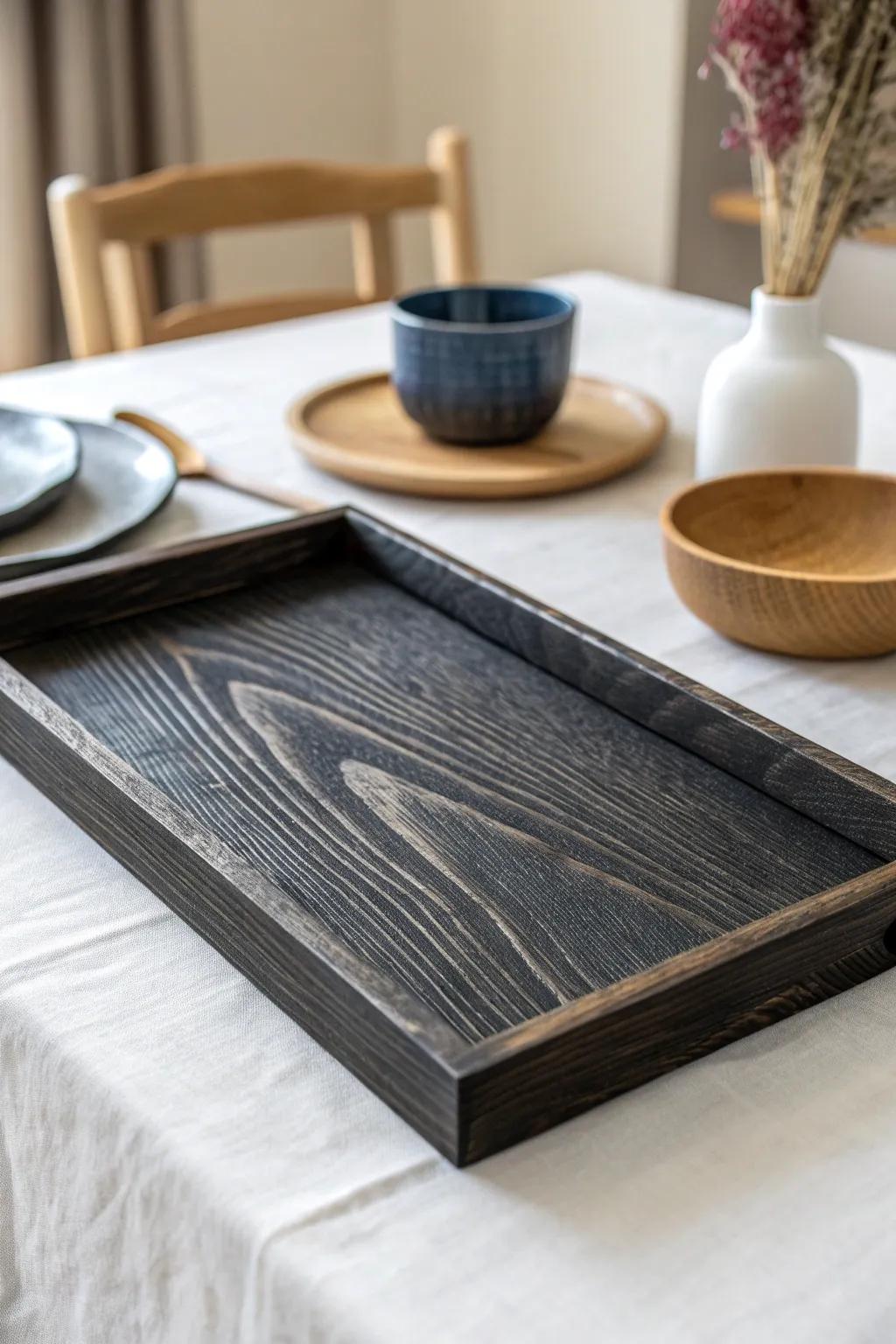 Charred wood tray + warm whites: a Japandi accent that adds bold, sculptural contrast.