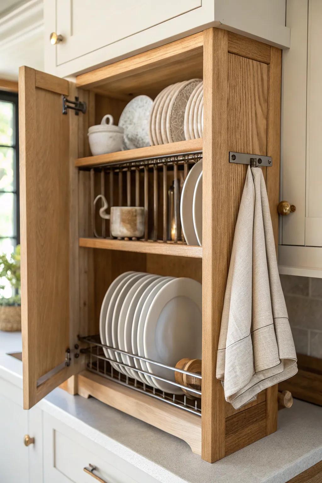 Mixed materials magic: oak plate rack with metal bin and linen towel for a lived-in cabinet.