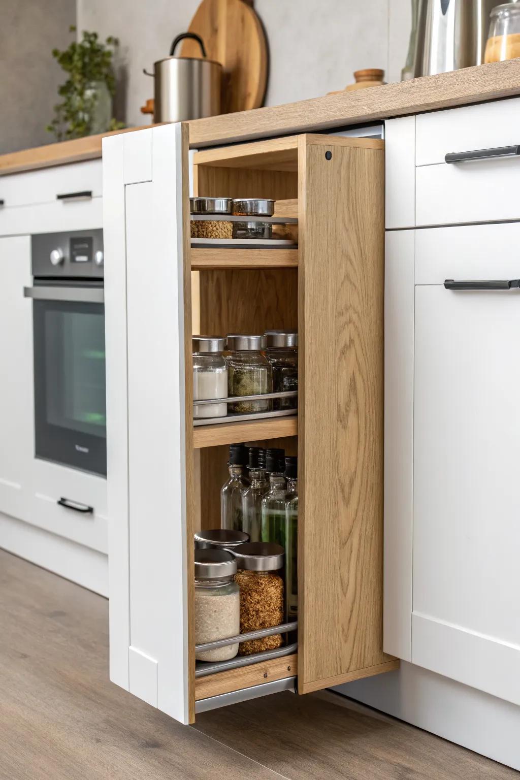 A slim “false front” panel hides a secret cabinet—perfect for spices and small kitchen extras.