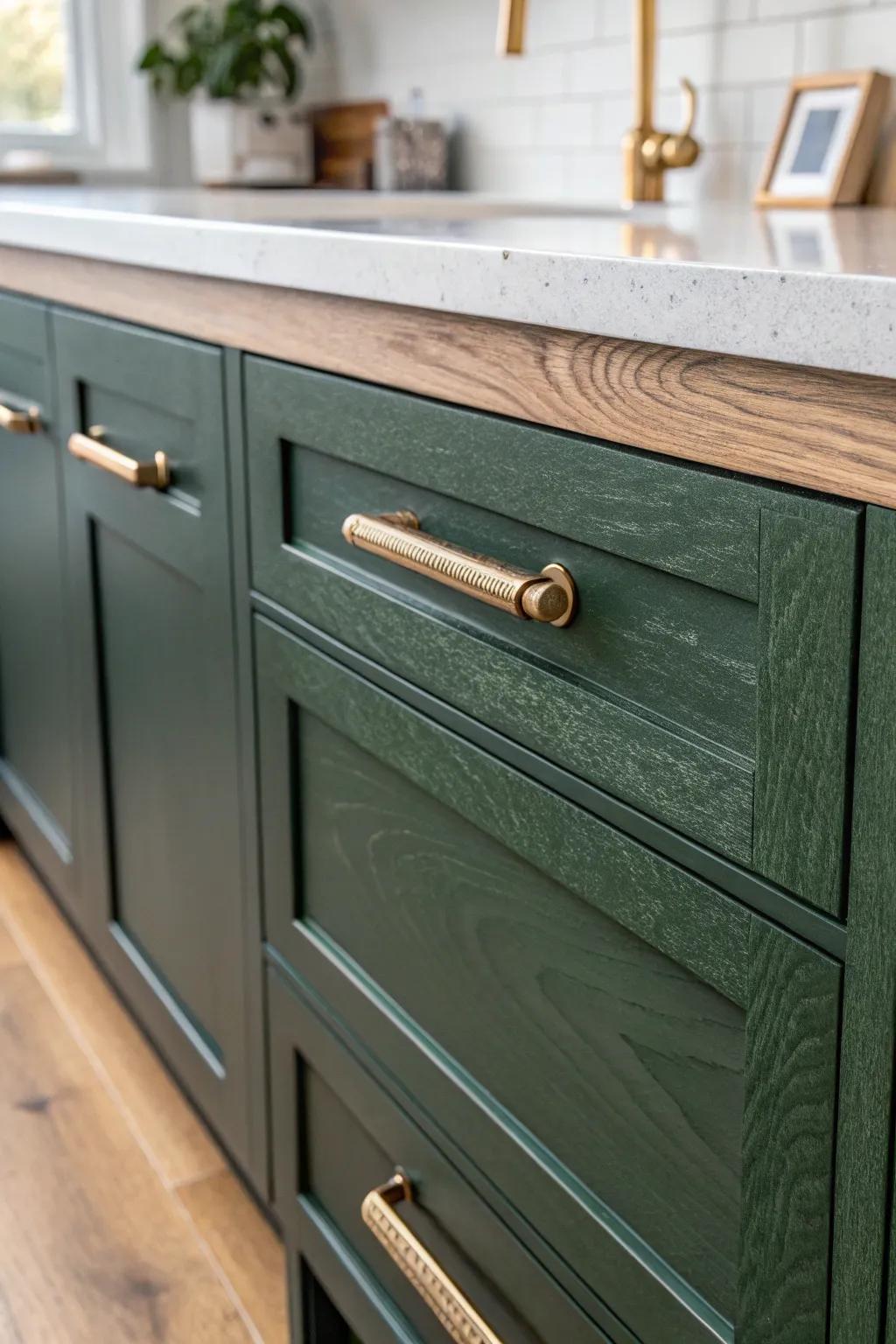 Oversized brass pulls on a deep green island: a bold, designer statement with artisan detail.