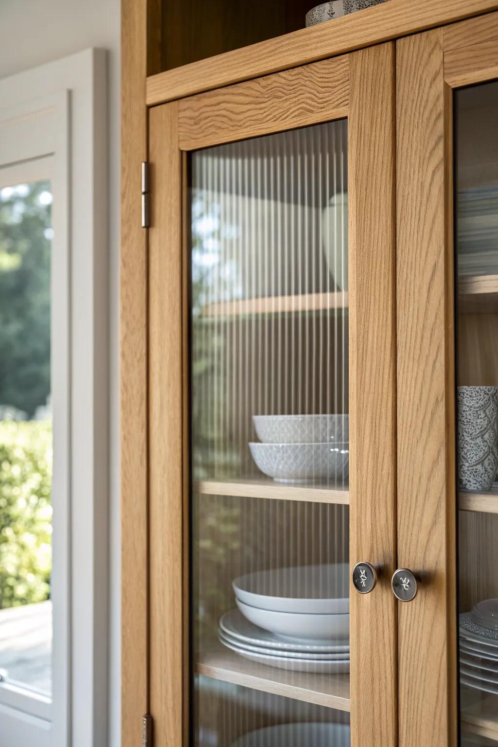 Reeded glass adds modern texture to upper cabinets—hides clutter while glowing in the light.