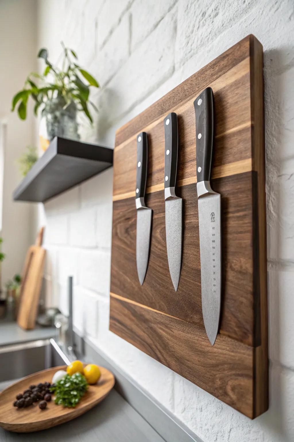 A walnut-backed magnetic knife strip turns your blades into a clean, space-saving display.