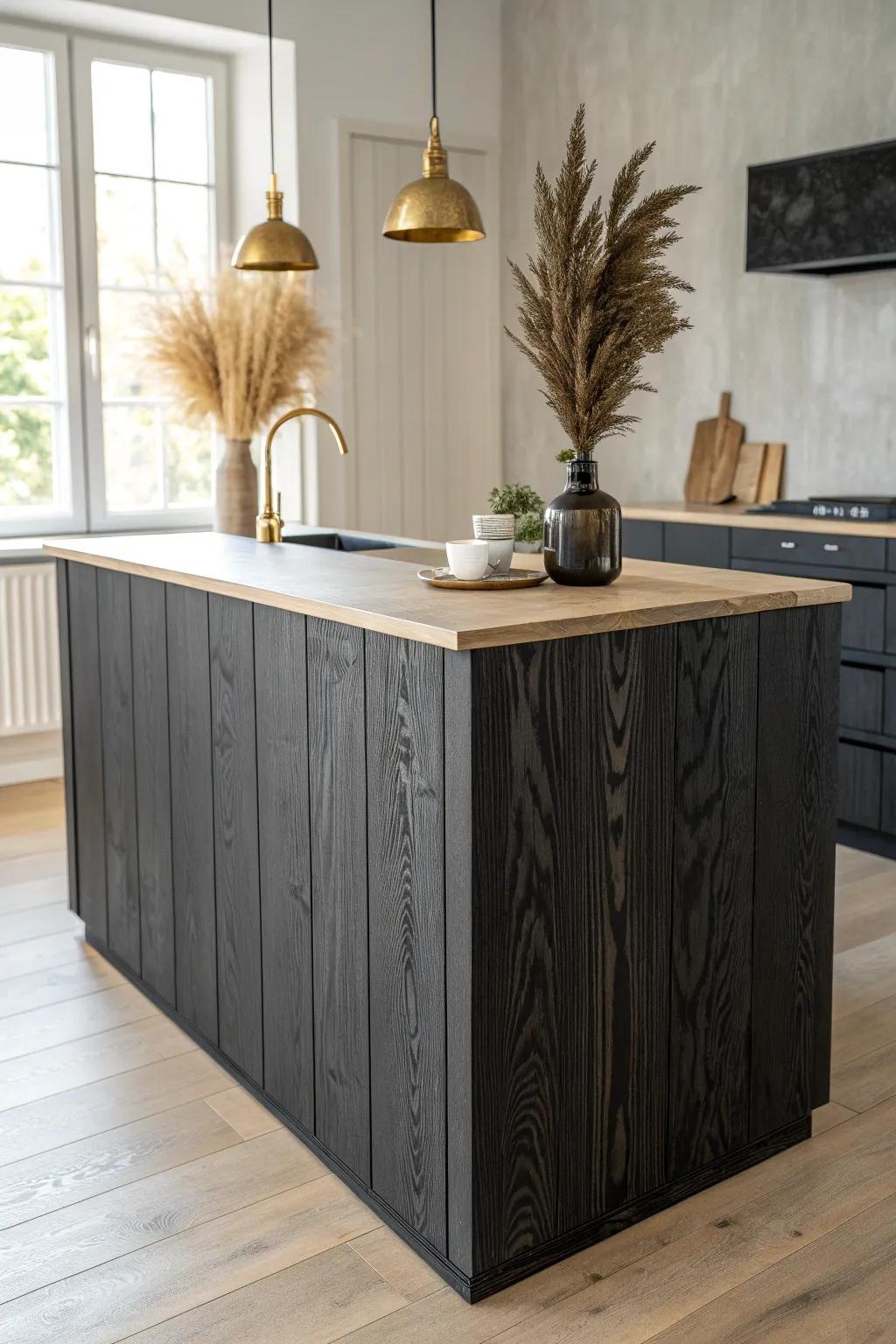 Charred black wood wrap + warm brass light: a bold, handcrafted island statement.