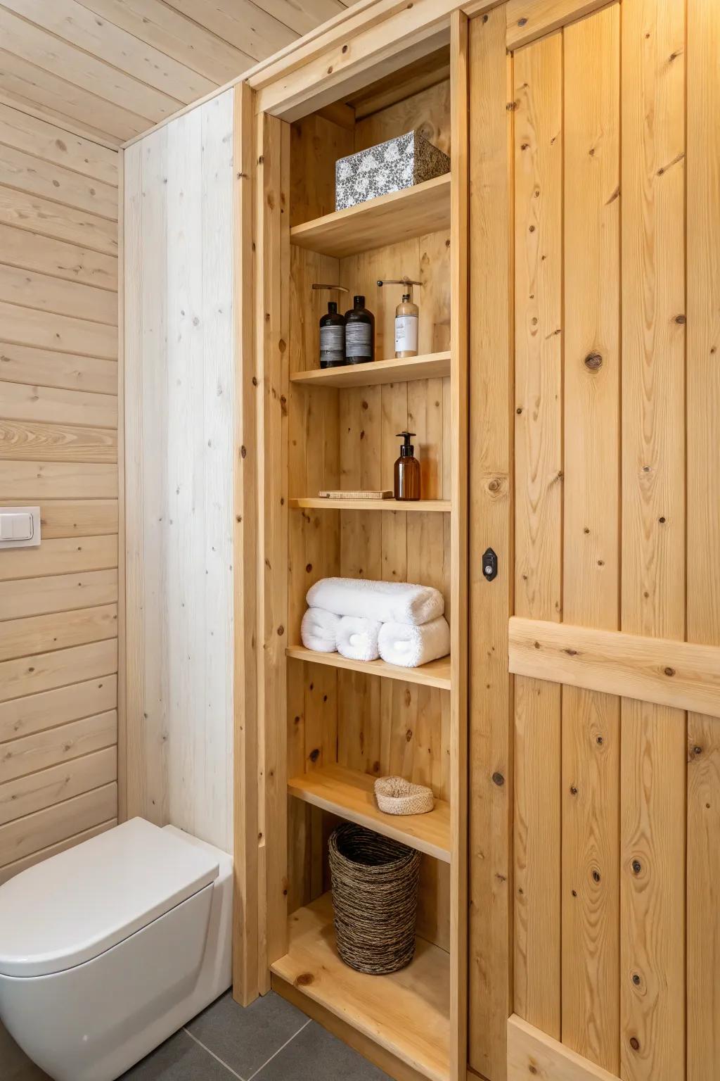 Knotty pine “secret” panel—seamless grain hides tidy shelves for bathroom essentials.