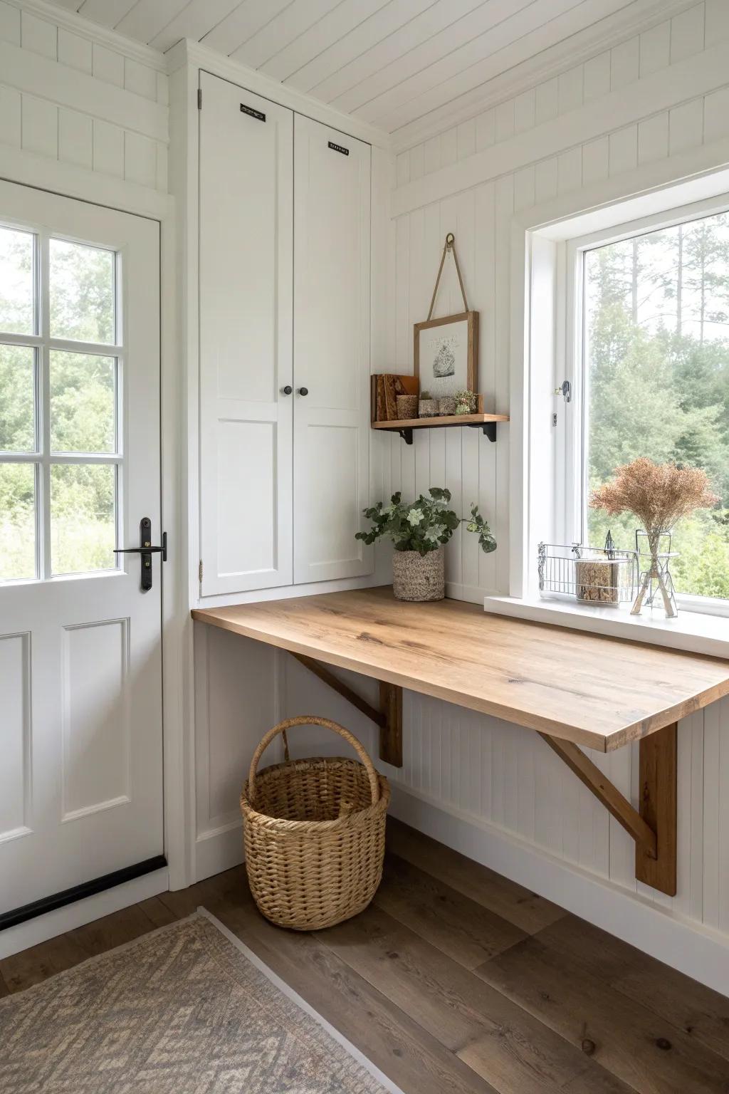 Fold-down corner worktop turns an L-shaped mudroom into a sleek, hidden sorting station.