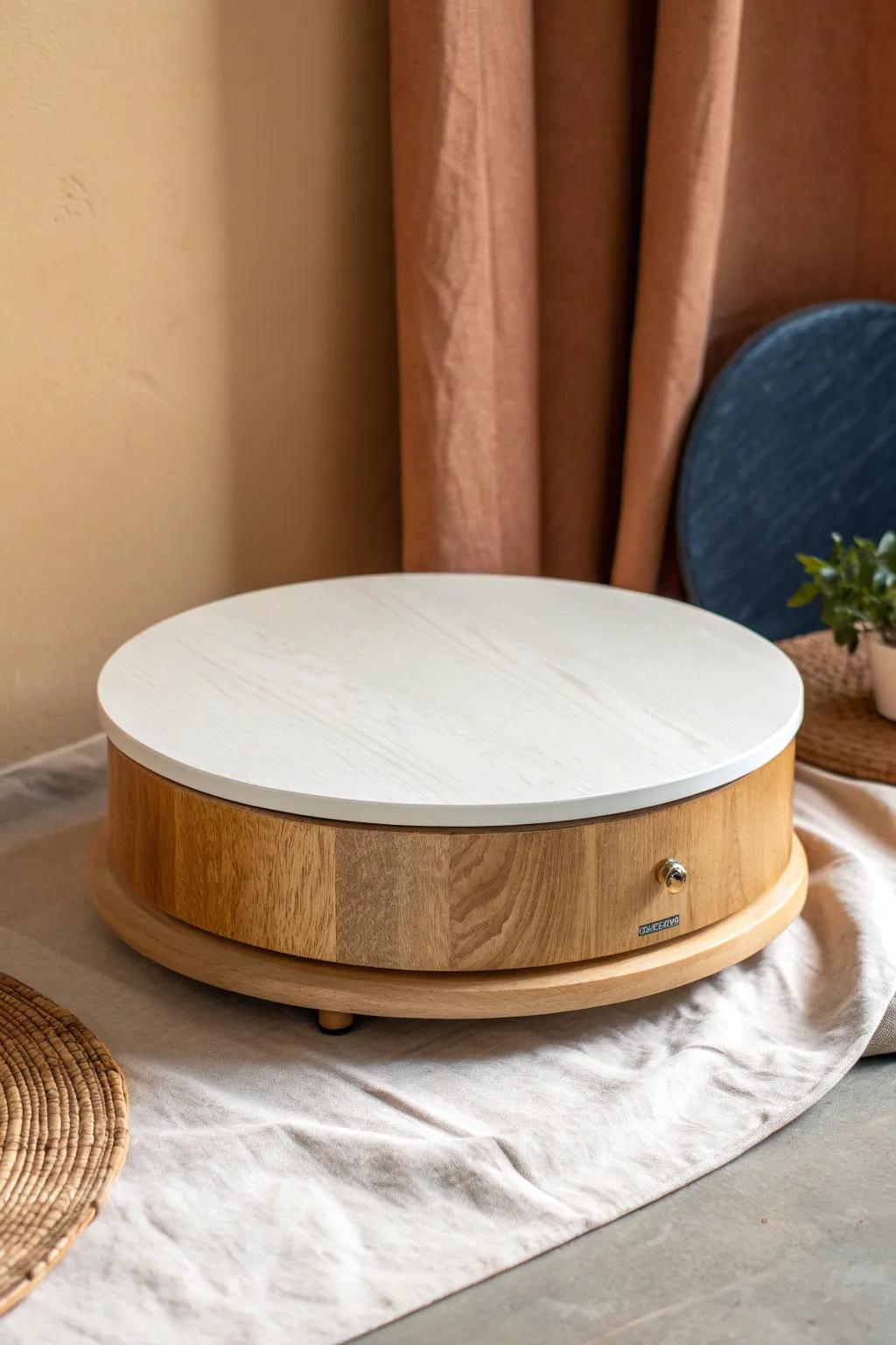 Motorized lazy Susan base with a hidden skirt—clean lines, smooth rotation, bold contrast.
