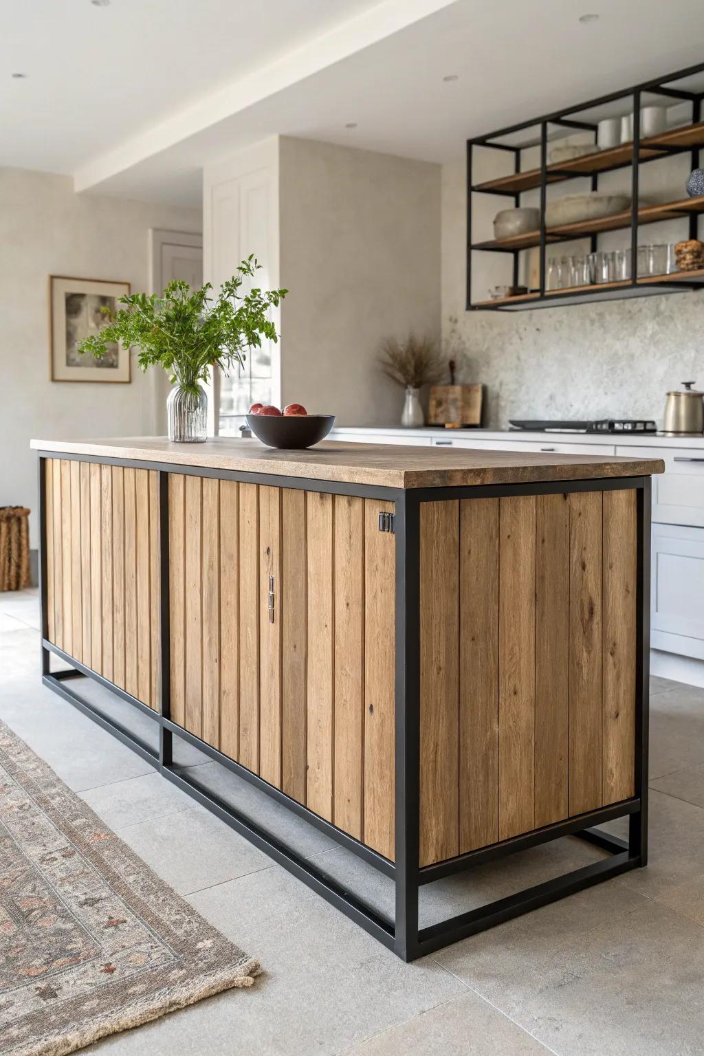 A bold mixed-material island base—reclaimed oak and matte steel—turns your kitchen into art.