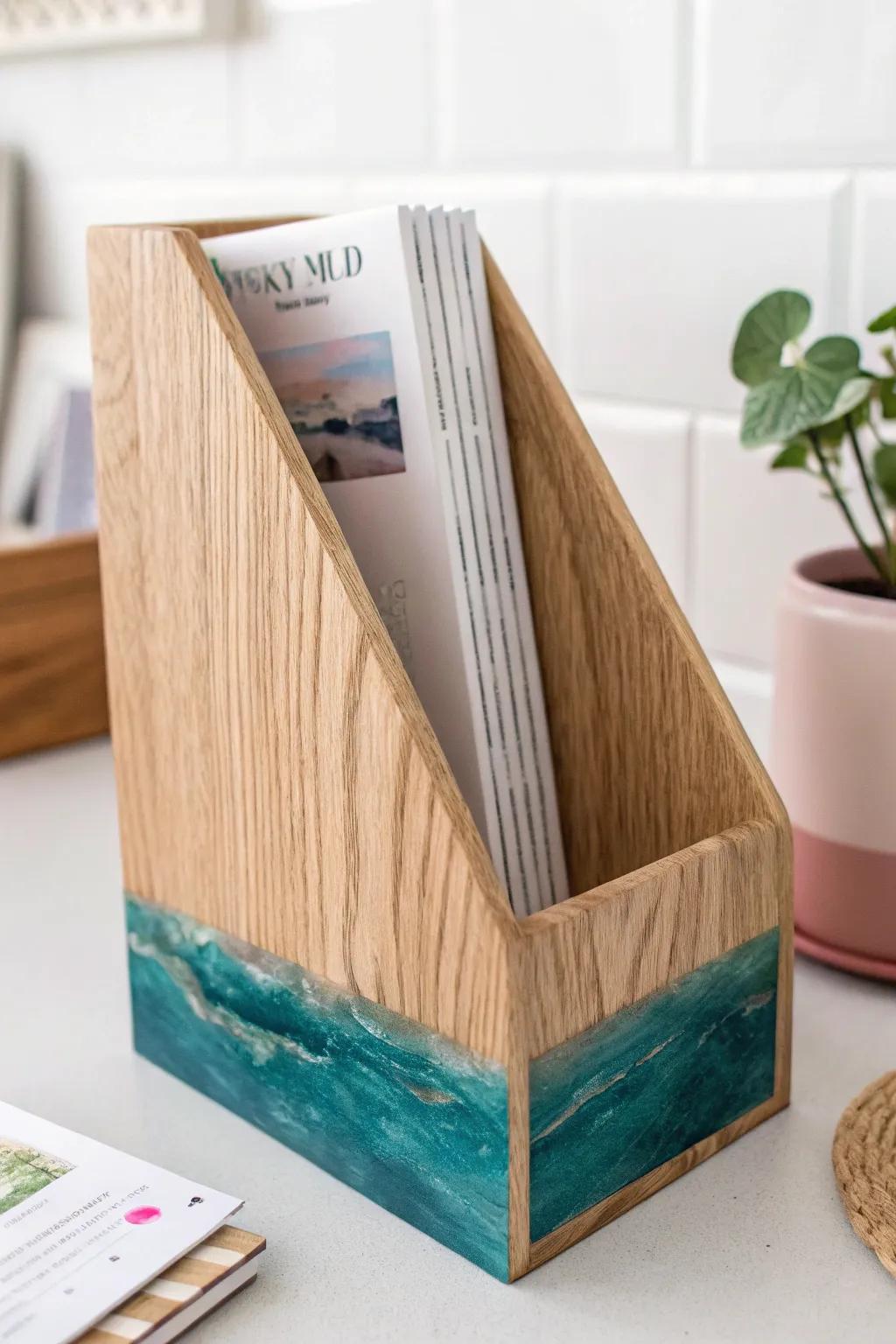 A minimalist oak magazine file with a resin-dipped edge—like wood grain melting into color.