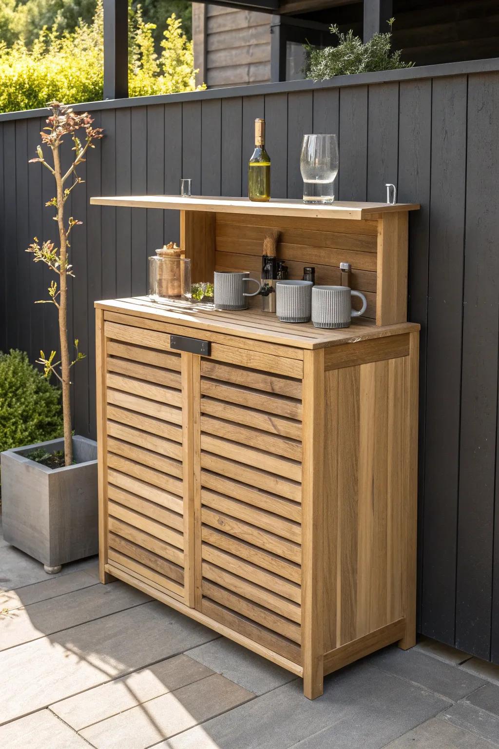 A fold-down patio mini bar in oak—clean Scandinavian lines, bold contrast, and built-in function.