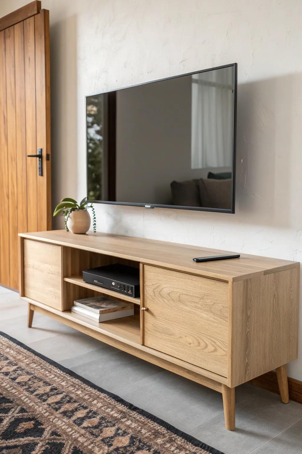 Fold-down oak TV stand that disappears into a clean wall—minimal look, maximum function.