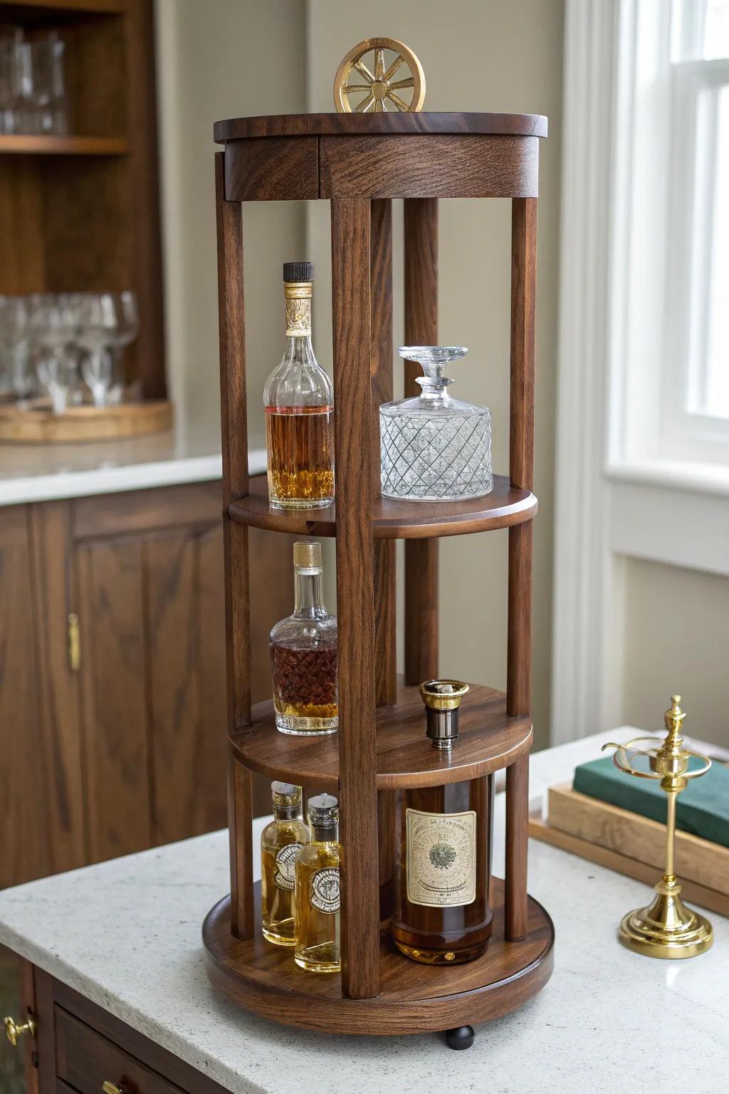 A sculptural walnut bottle tower that spins—minimal Scandinavian design with a bold boho edge.