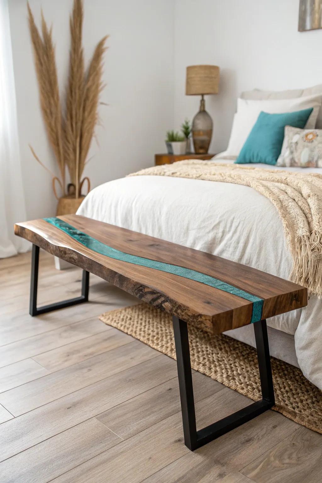 Modern live‑edge bench with a thin turquoise resin inlay—natural warmth meets sleek minimalism.