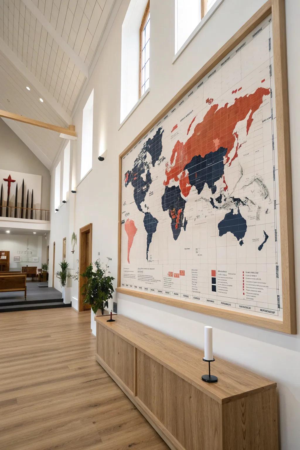 A wood-backed map wall with handmade dowel pins—modern, minimal, and inviting in any church foyer.
