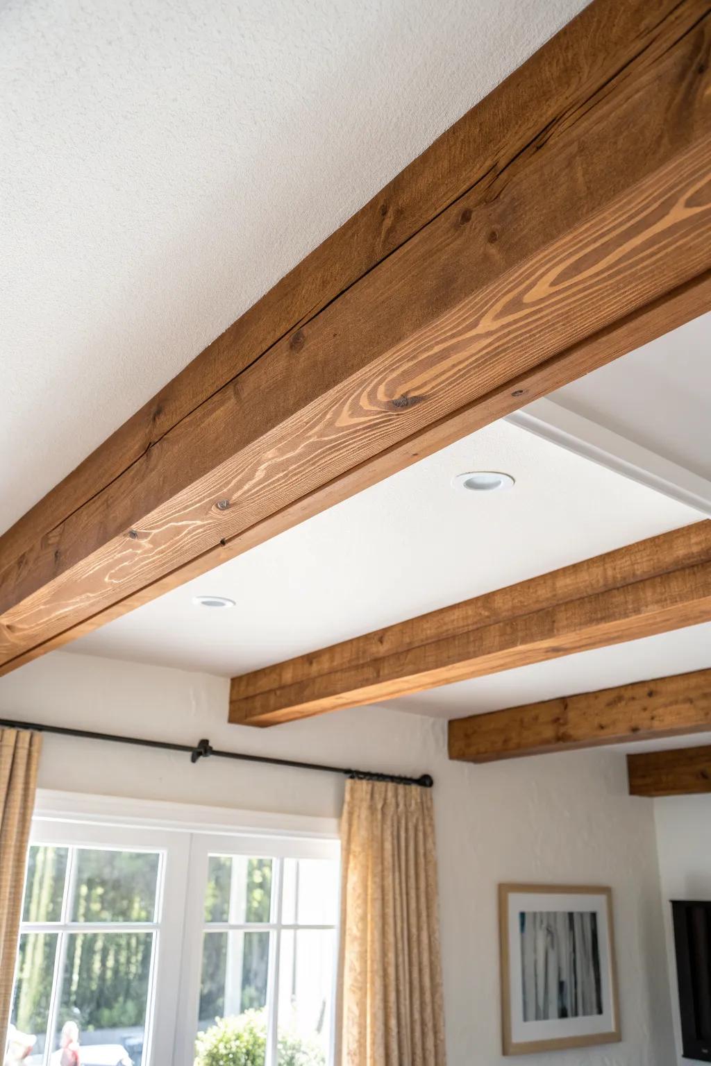 Stained faux box beams: the one ceiling detail that makes a modern living room feel classic.