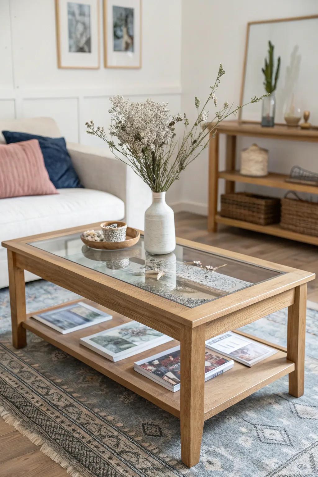 Shadow-box coffee table: glass-top display for keepsakes, flowers, and wood offcuts.