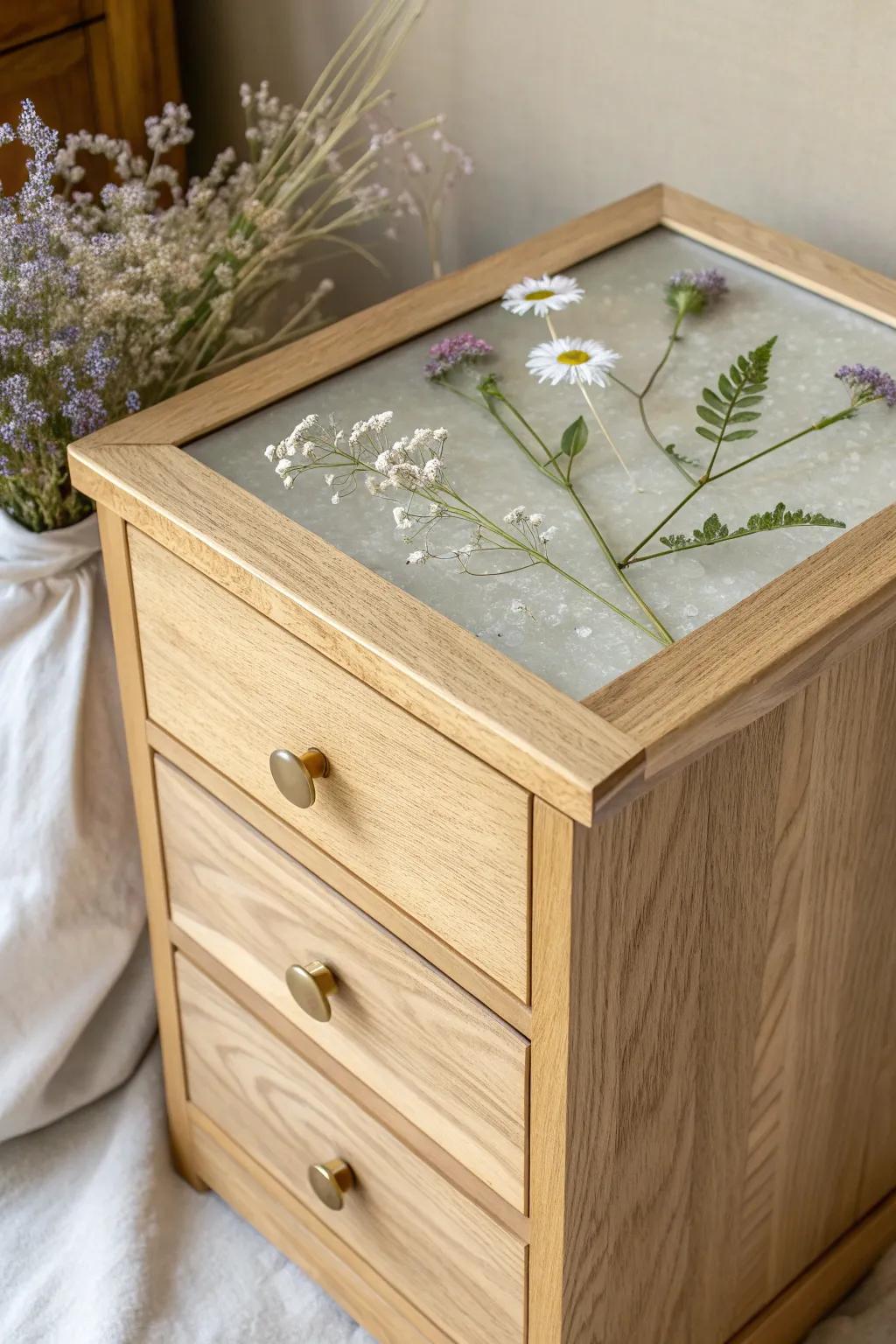 Clear resin inlay with dried wildflowers—minimal oak nightstand top that feels like art.