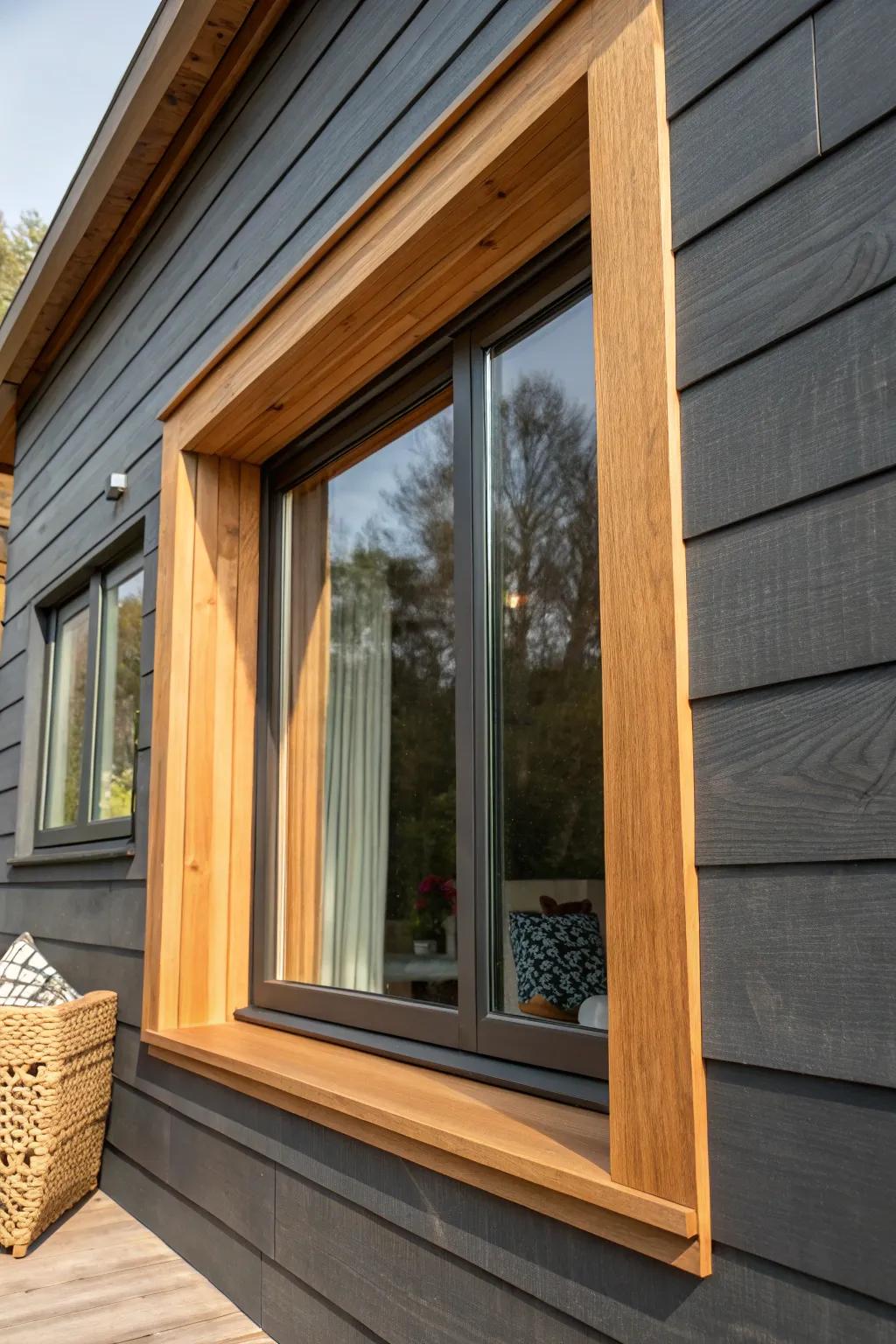 Asymmetrical wood trim adds an artsy, architectural edge to a modern exterior window.