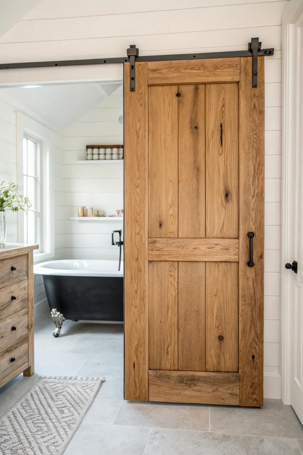 A salvaged wood door becomes a chic vanity partition—warm texture with modern farmhouse calm.