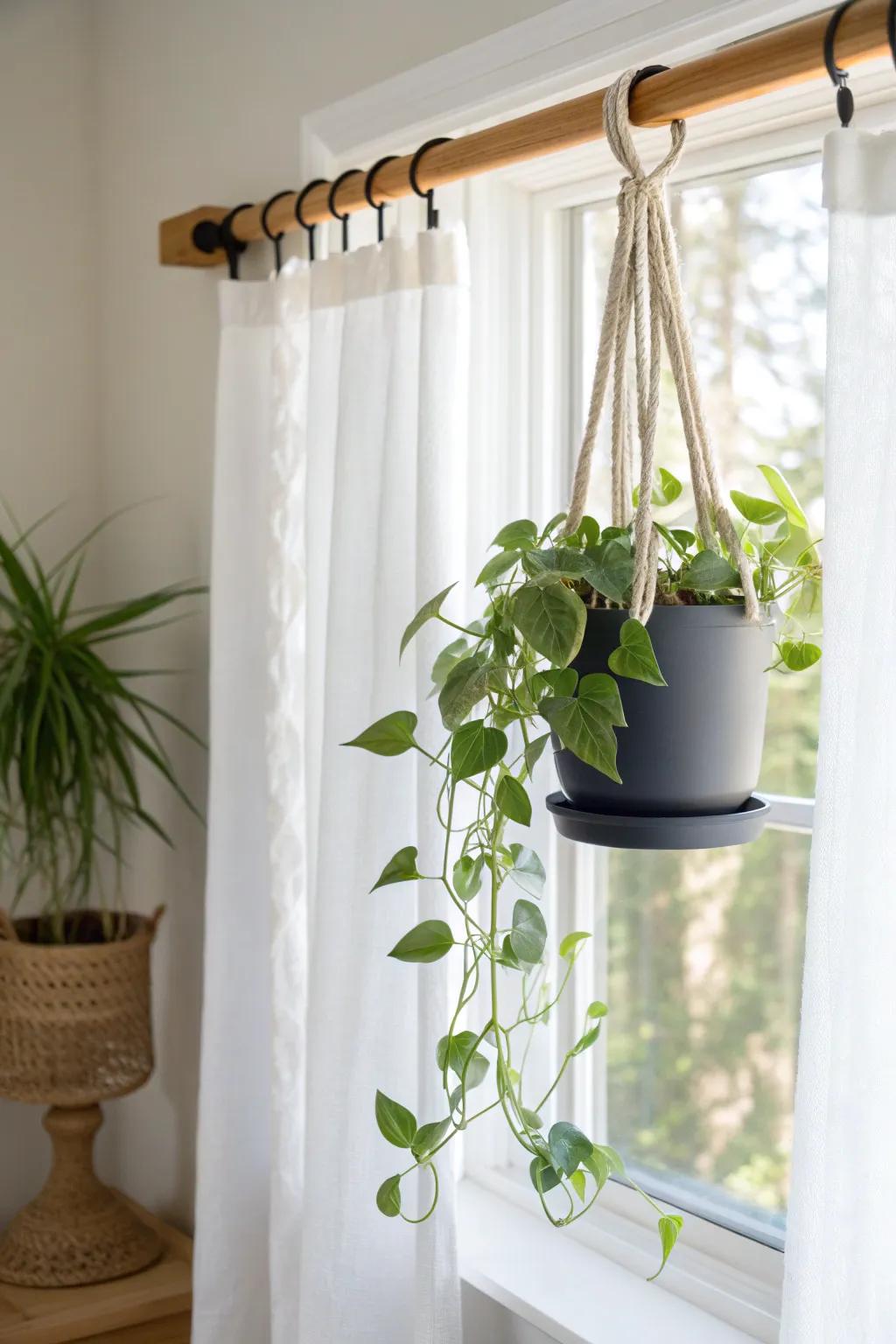 A slim oak plant rail makes sheer curtains glow—modern farmhouse greenery, beautifully simple.