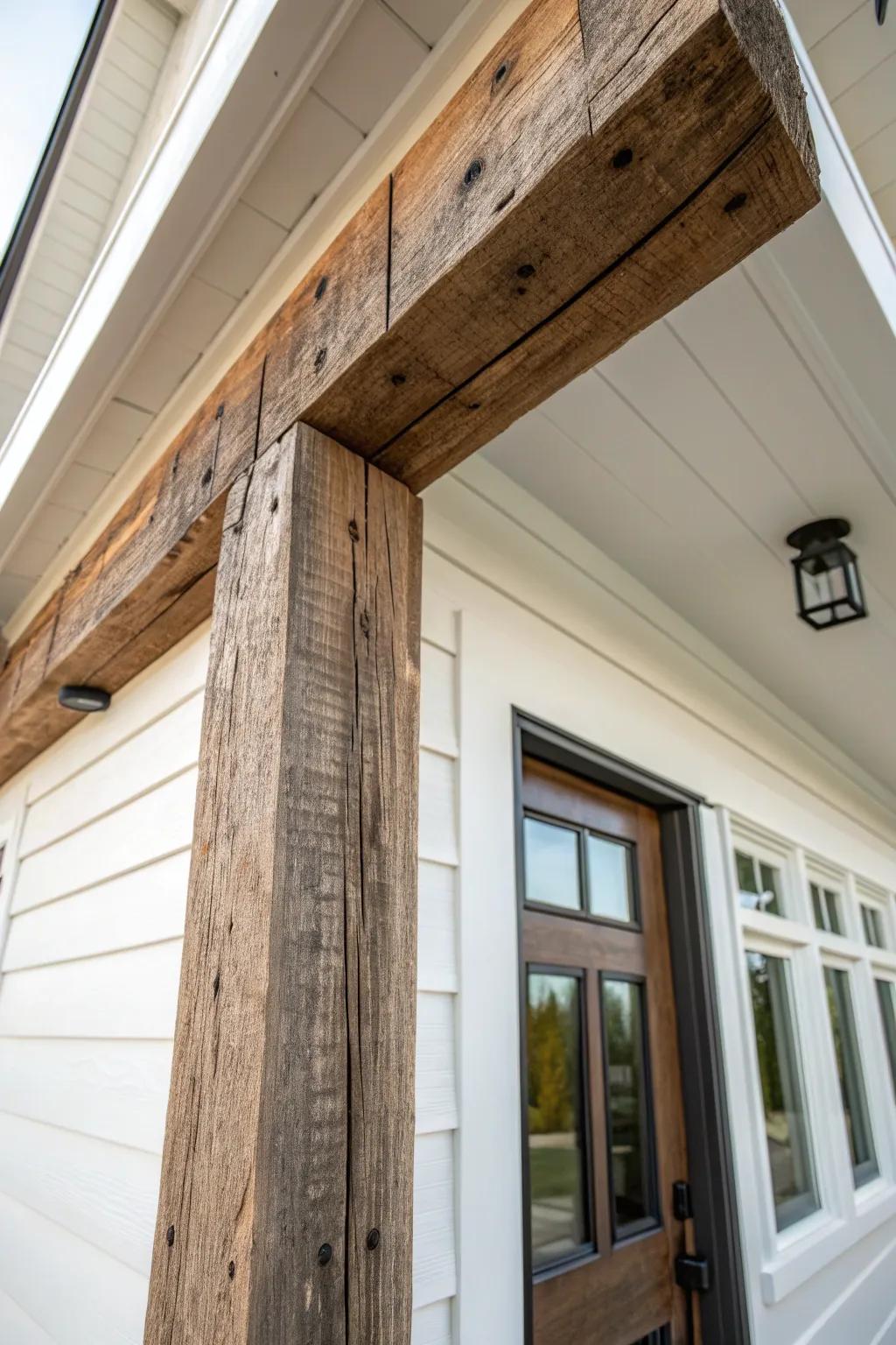 Chunky reclaimed beam header trim adds modern drama and rich texture to a clean entry.