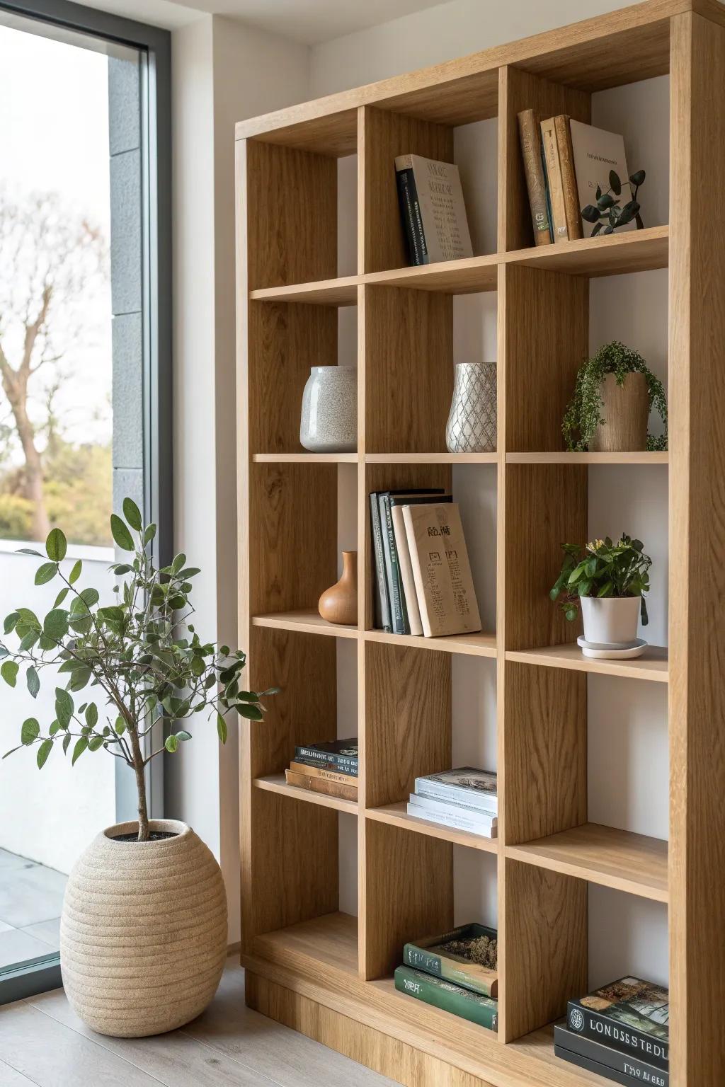 Asymmetrical oak box shelves with bold terracotta accents—an architectural library wall statement.