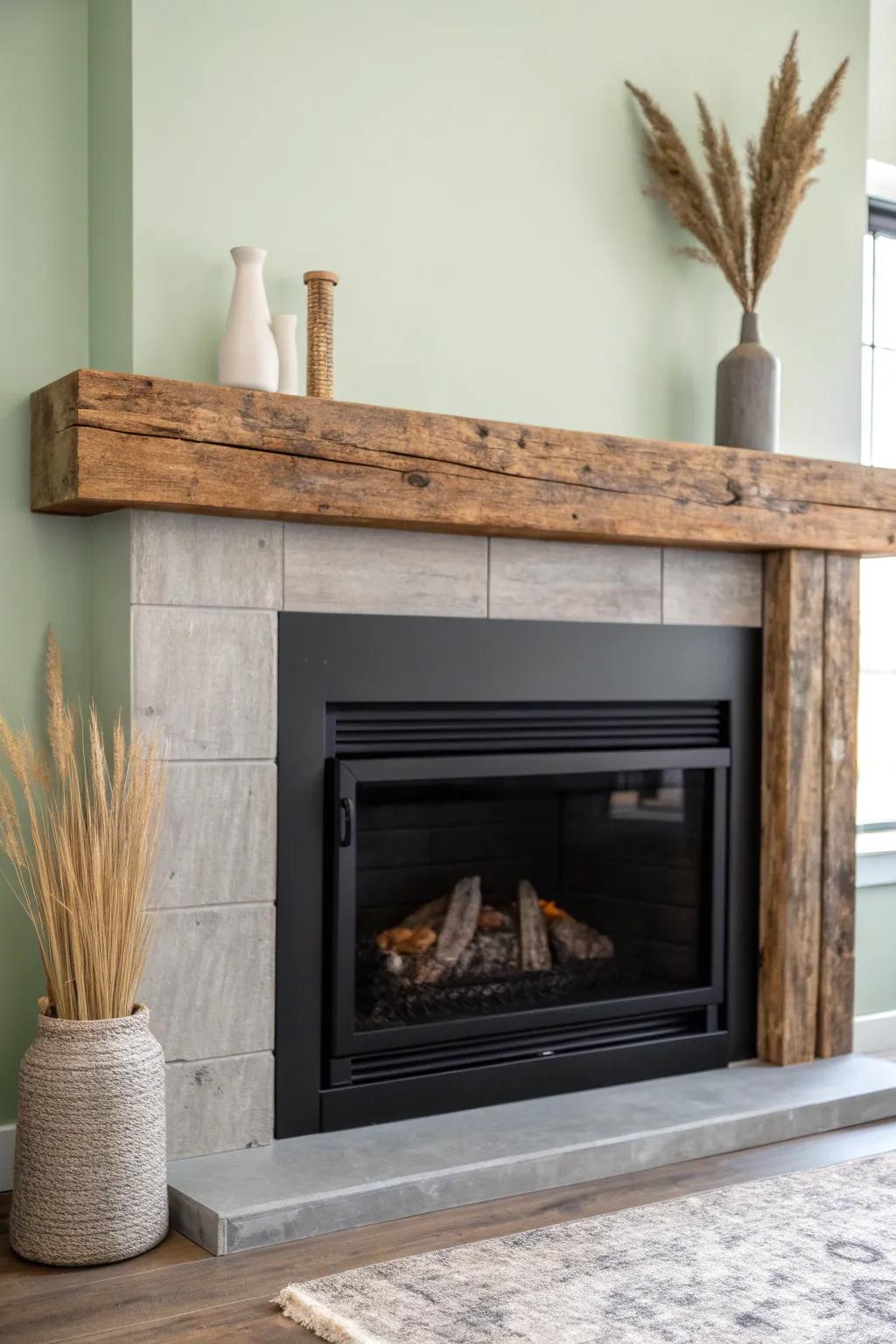 Matte blackened steel meets a weathered reclaimed beam—minimal, bold, and quietly luxurious.