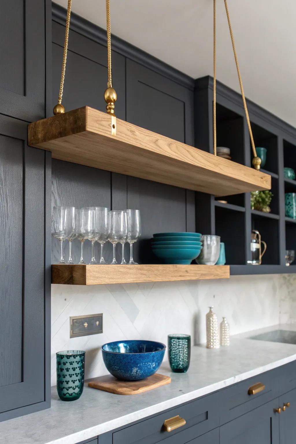 A ceiling-hung oak shelf that floats above the counter—minimal, bold, and beautifully handcrafted.