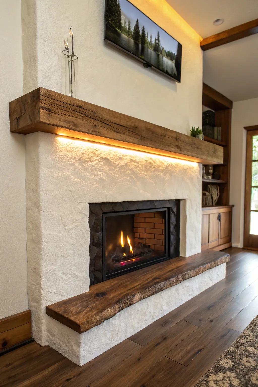 Live-edge walnut mantel with hidden LED glow—rustic texture meets modern, minimalist warmth.