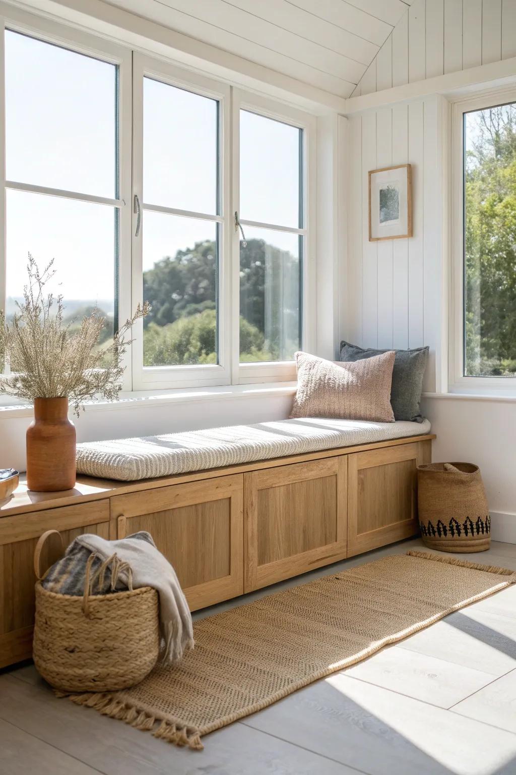 A sleek oak window seat with a secret side entrance—your pet’s cozy den, beautifully hidden.